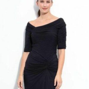 Tadashi Shoji Dress Deep Blue Ruched Mesh Midi Short Sleeves NWT Size M